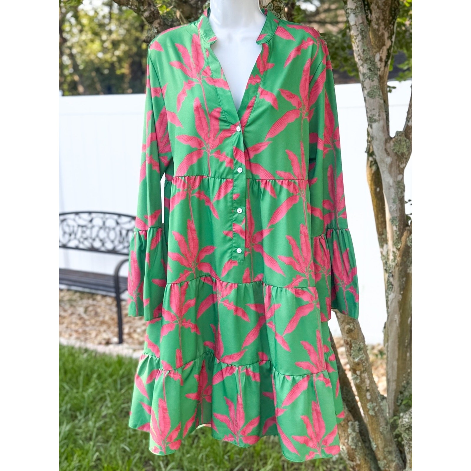 Women’s Tropical Palm Print Tiered Mini Dress Green Pink Large