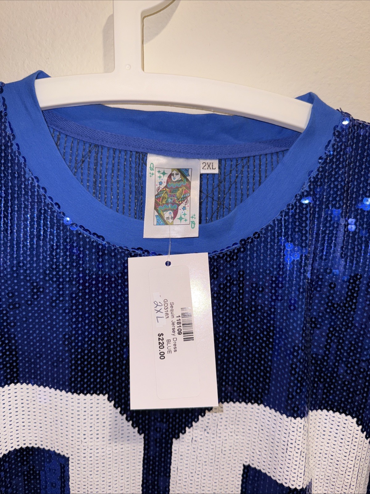 $220 NWT Queen Of Sparkles Sequin Jersey Dress 2XL Blue White Red College Sports