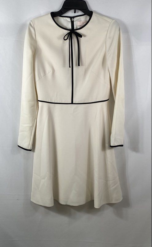 Ted Baker Women’s Loozy Long Sleeve Fit & Flare Dress Cream Black Trim Bow Neck