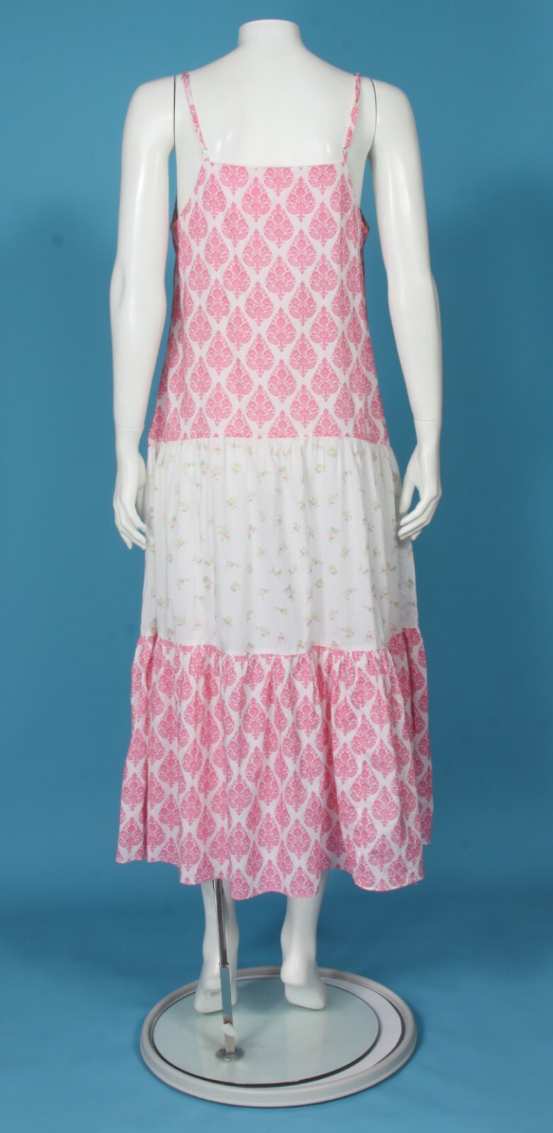 CELINA MOON Pink White Mixed Print Floral Strappy Tiered Maxi Dress sz S /358