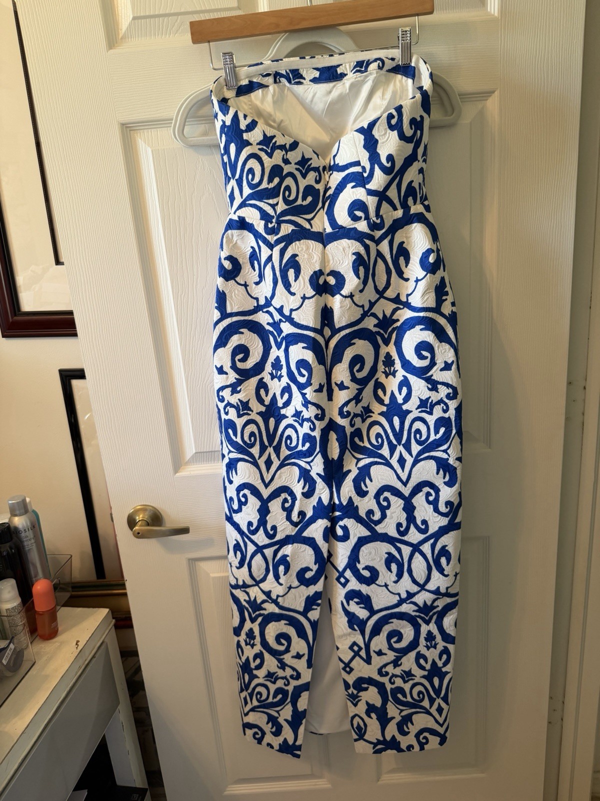 MILLY Blue/White Scroll Print Strapless Sweetheart Jacquard midi dress Size 4