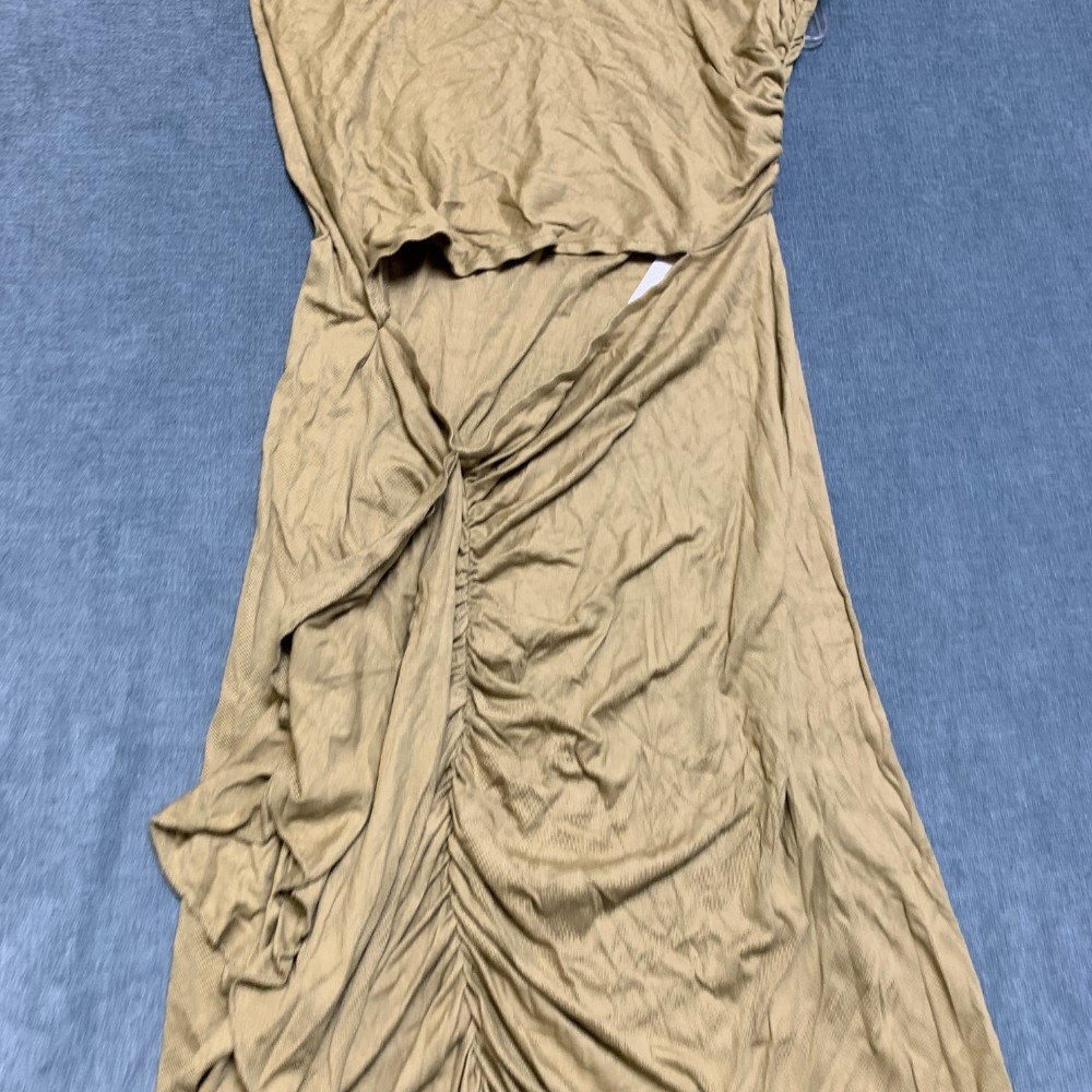 Micas Ruched Bodycon Dress Womens Large Khaki Asymmetric One Shoulder Front Slit