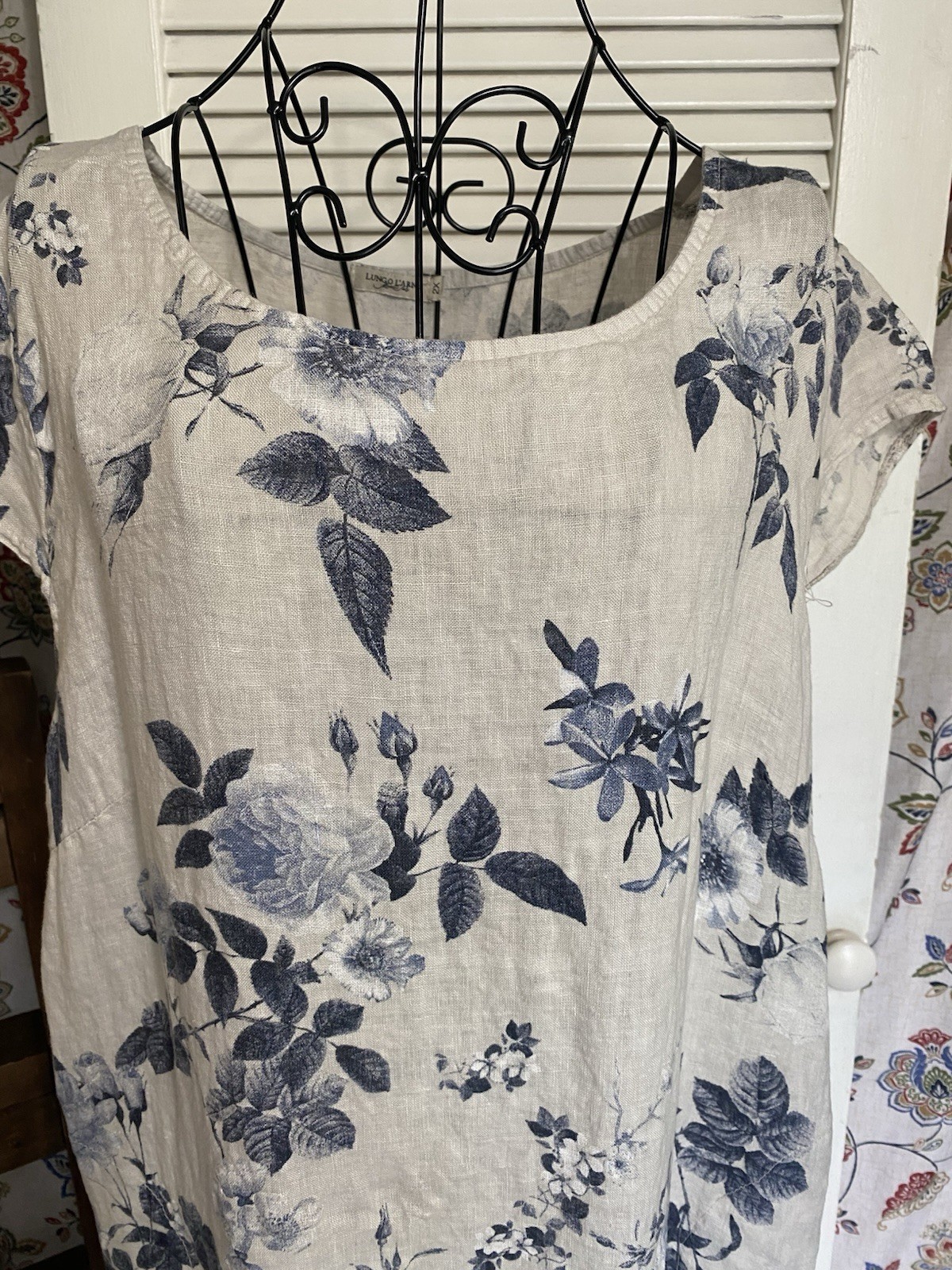 Lingo L’Arno 100% Linen Shift Dress Coastal Lagenlook Floral Made In Italy 2X