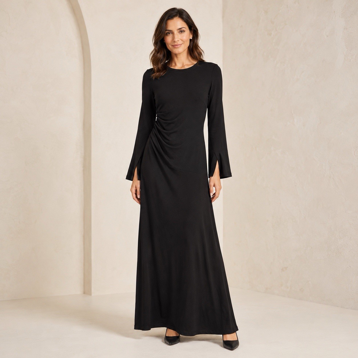 Veiled Collection Natalie Ruched Jersey Maxi Dress Small 62″ Black Modest NWT