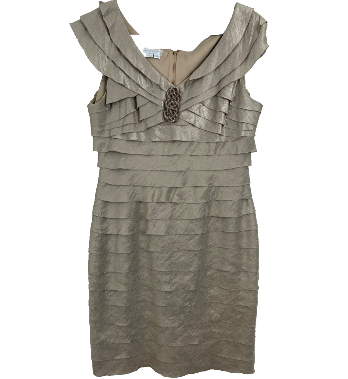 London Times Cocktail Dress Womens 12 Champagne Metallic Tiered Beaded Brooch