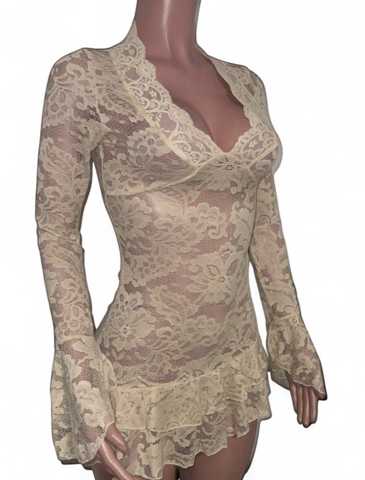 Fairy Taupe Lace Ruffled Micro Mini Dress M Festival Going Out See Thru Beachy