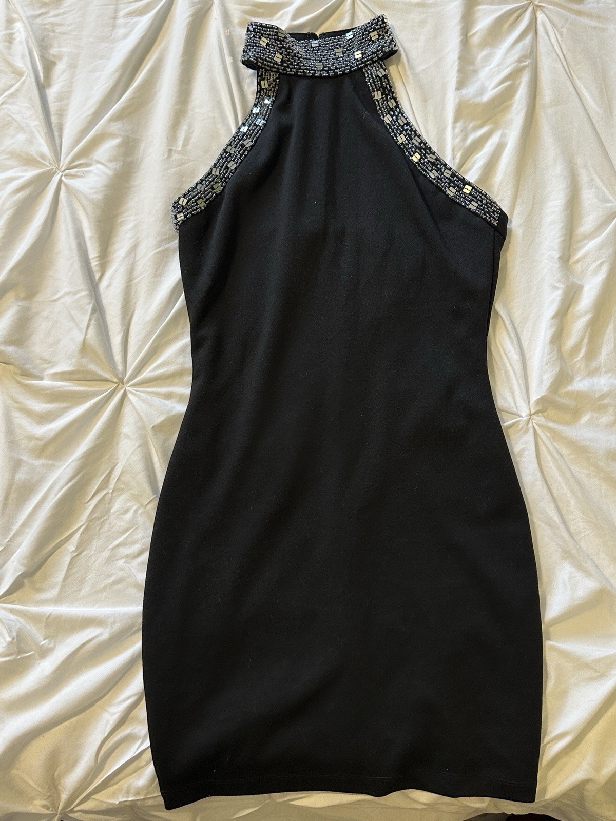 NIKIBIKI Black Beaded Halter Sleeveless Knee Length Bodycon Dress M