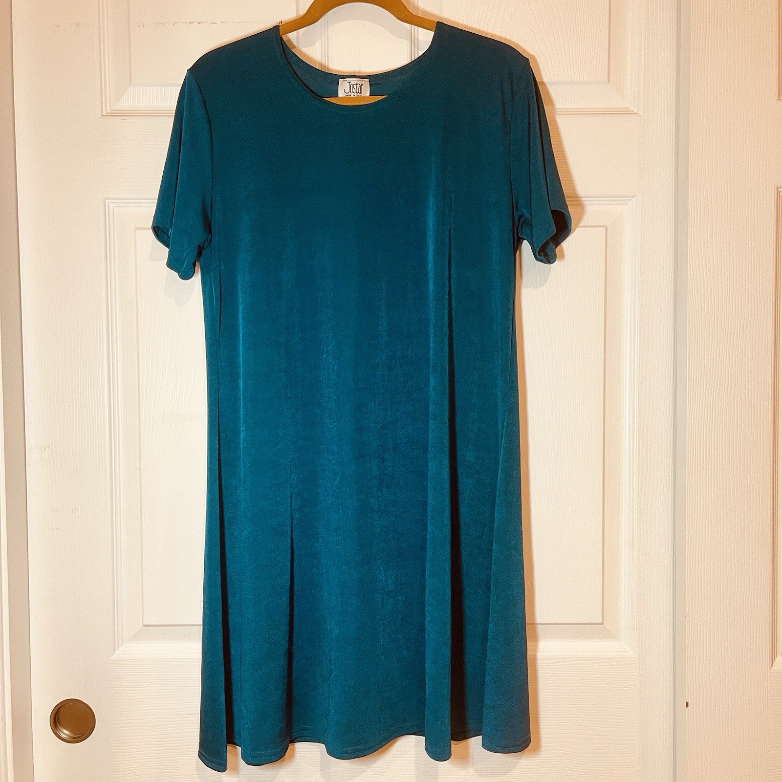 Jostar Short-Sleeve Trapeze Dress in Teal Fits Like Large / XL