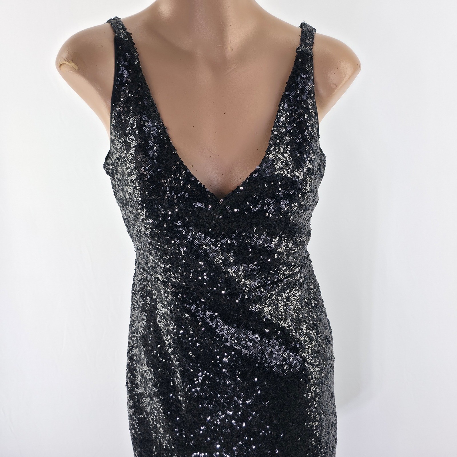 Lulus Sequin Cocktail Dress Womens Small Black Mini V-Neck Bodycon Party Gown
