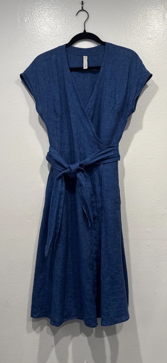 Studio 412 Blue Linen Wrap Dress Size XS V Neck Pockets Coastal Boat Party Boho