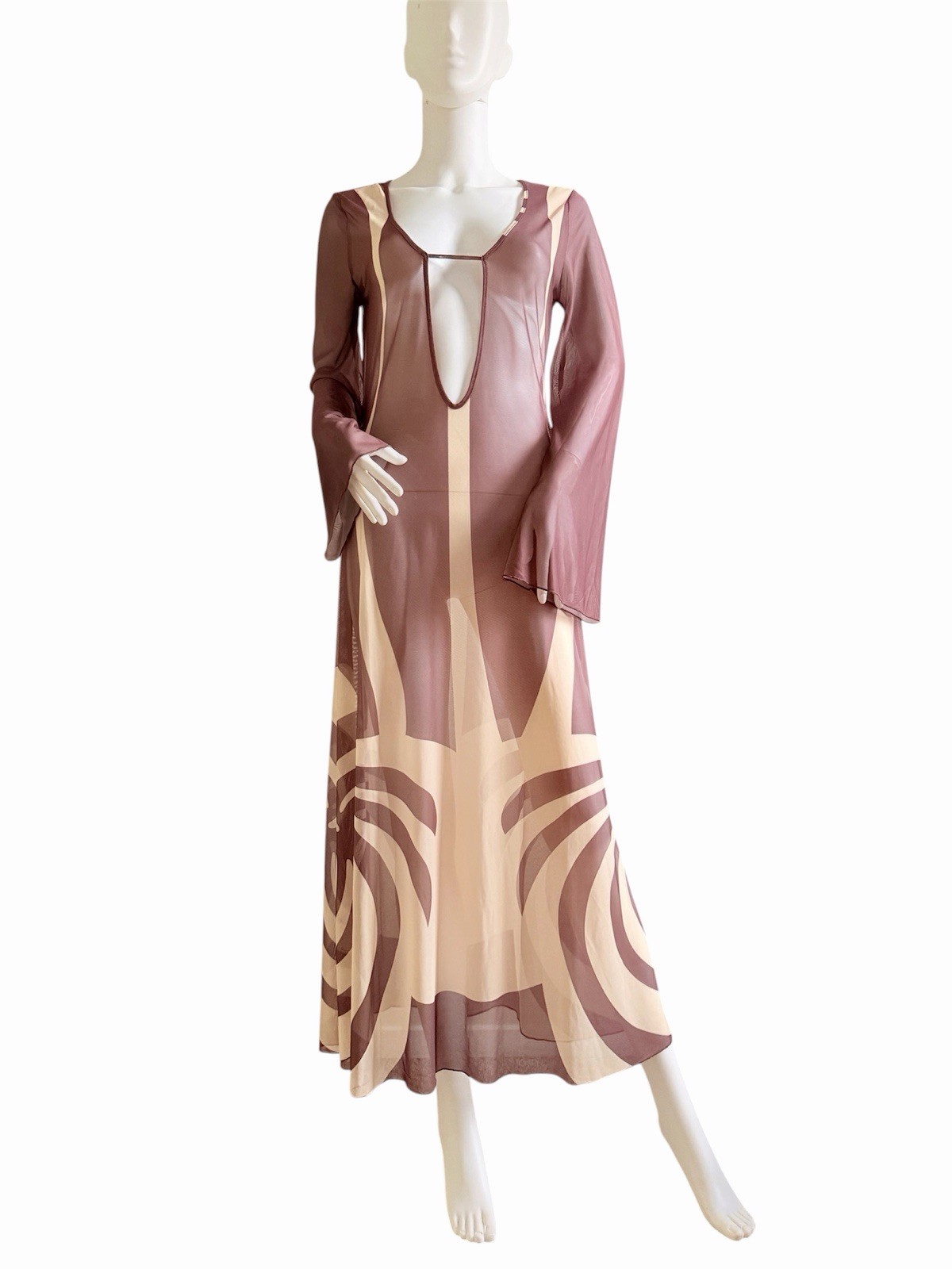 Caroline Constas XS Mesh Maxi Dress Brown Beige Abstract V-Neck Sheer Bell