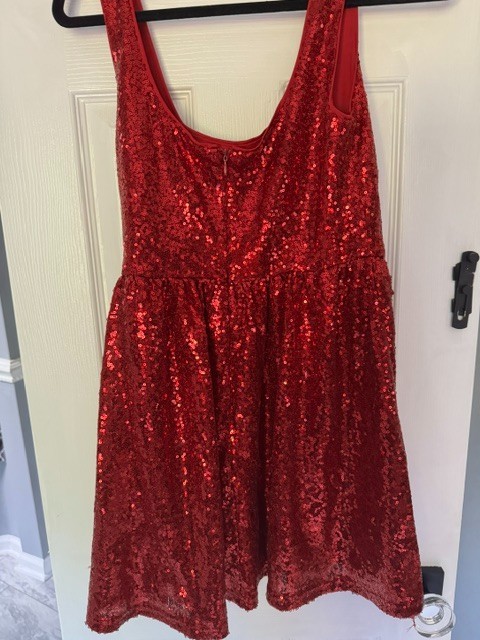 LUSH Bow Appliqué Red Sequin Mini Dress with Scoop Neck Size S NWT