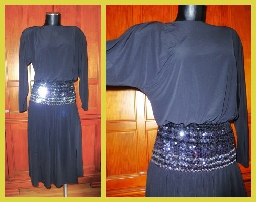 Vtg 70s RIMINI Black Silky Knit Jersey stretch SEQUINS Dolman Slv Cocktail DRESS