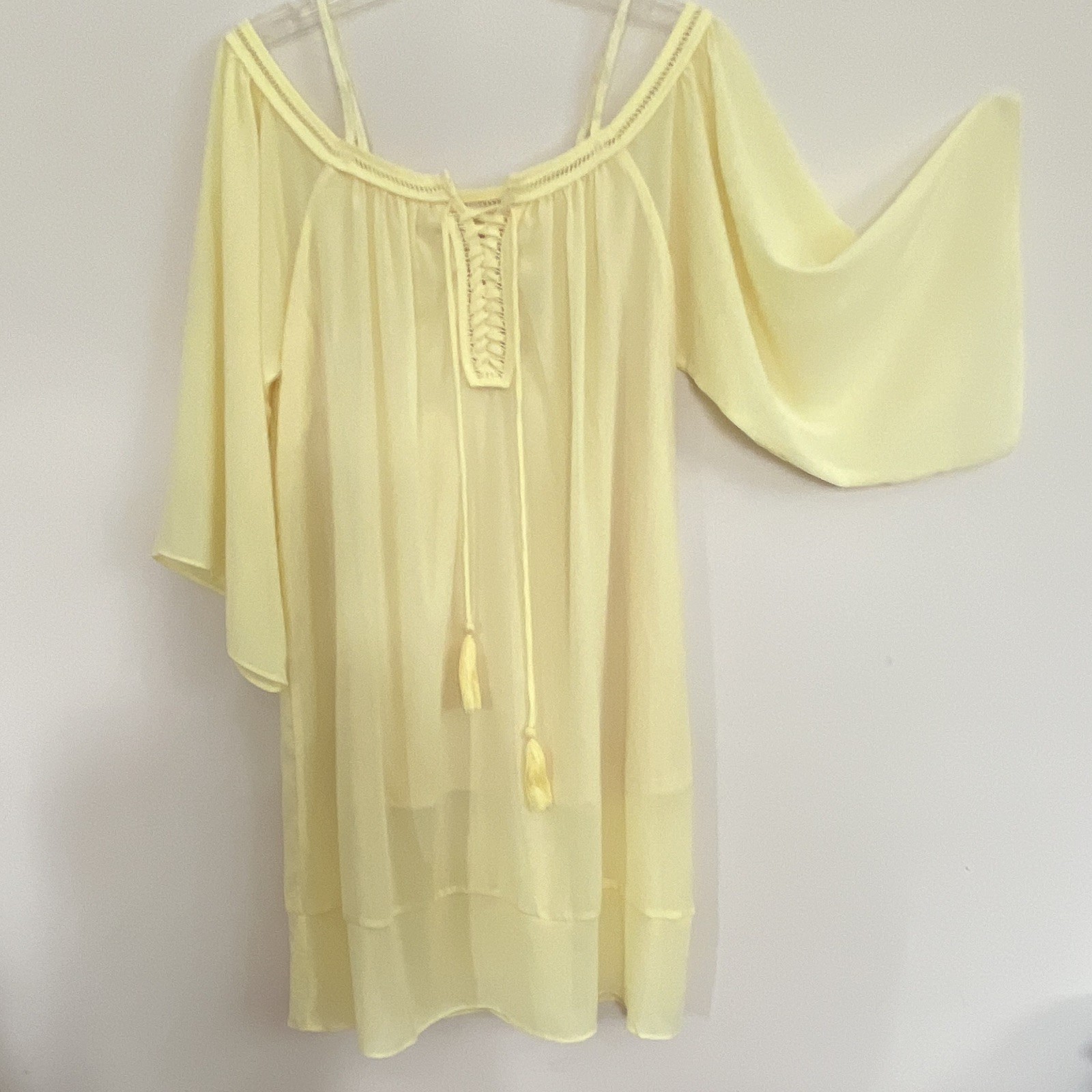 My Beloved Yellow Solid Gown 3/4 Sleeve Tie Front Lace Accents Women