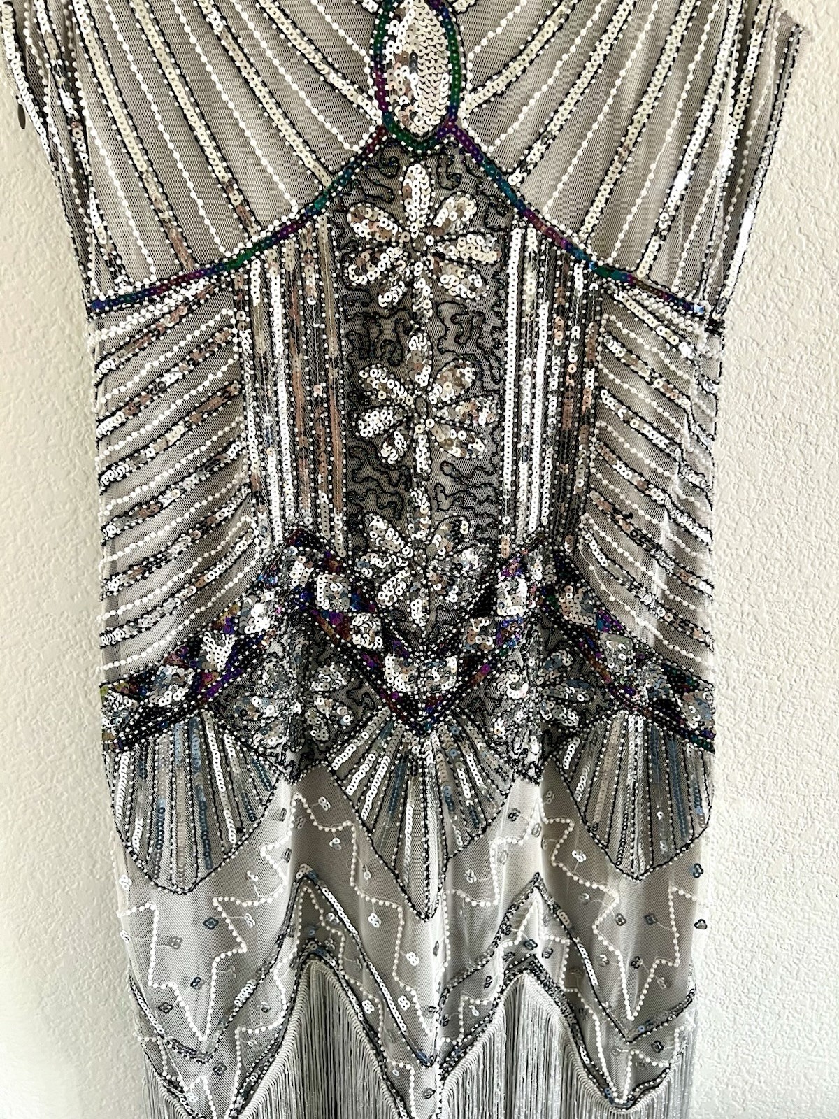 Womens Silver Geometric Sequin Beaded Fringe Mesh V-Neck Shift Dress Size L