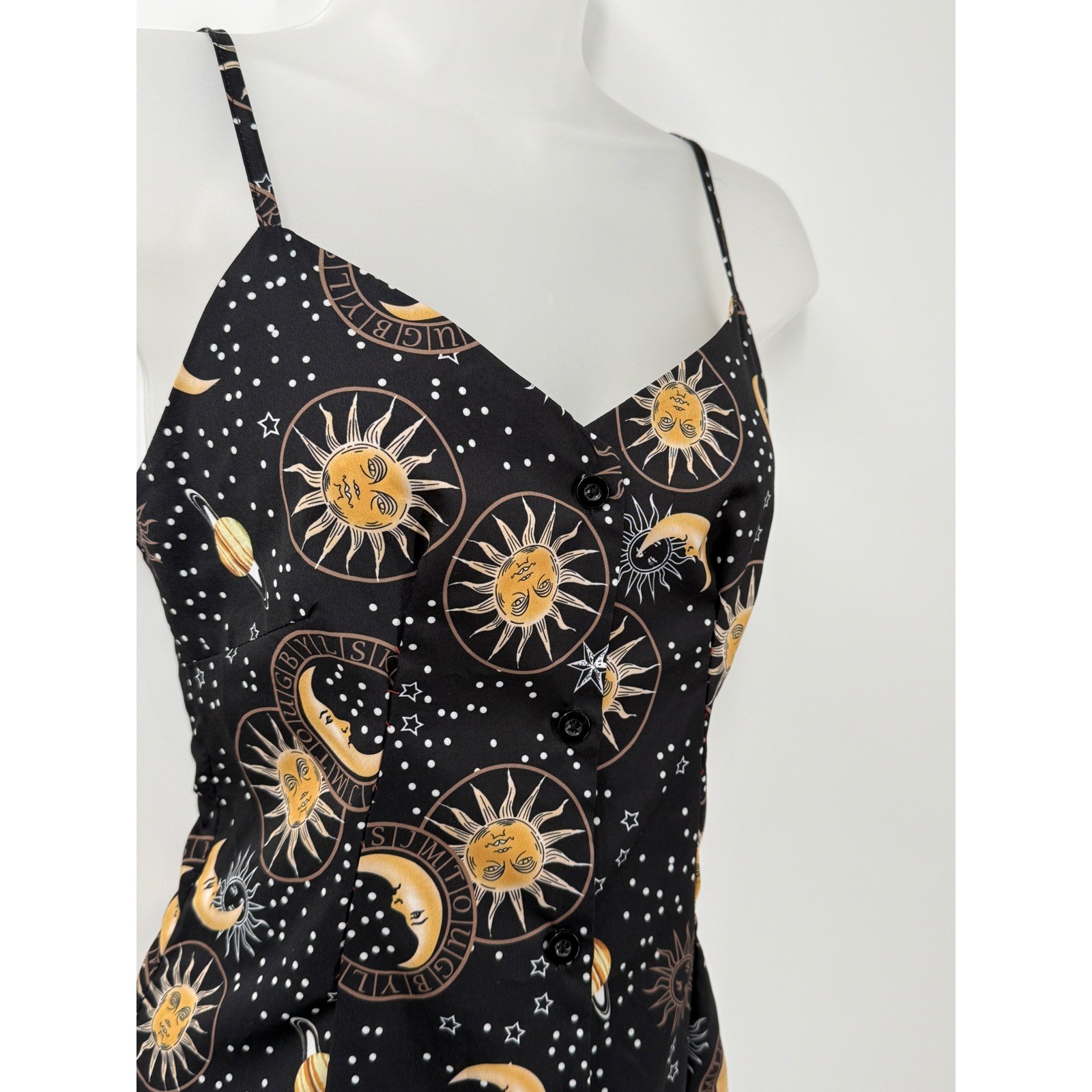 Celestial Sun Moon Star Print Button Front Cami Dress sz S Whimsigoth y2k 90s