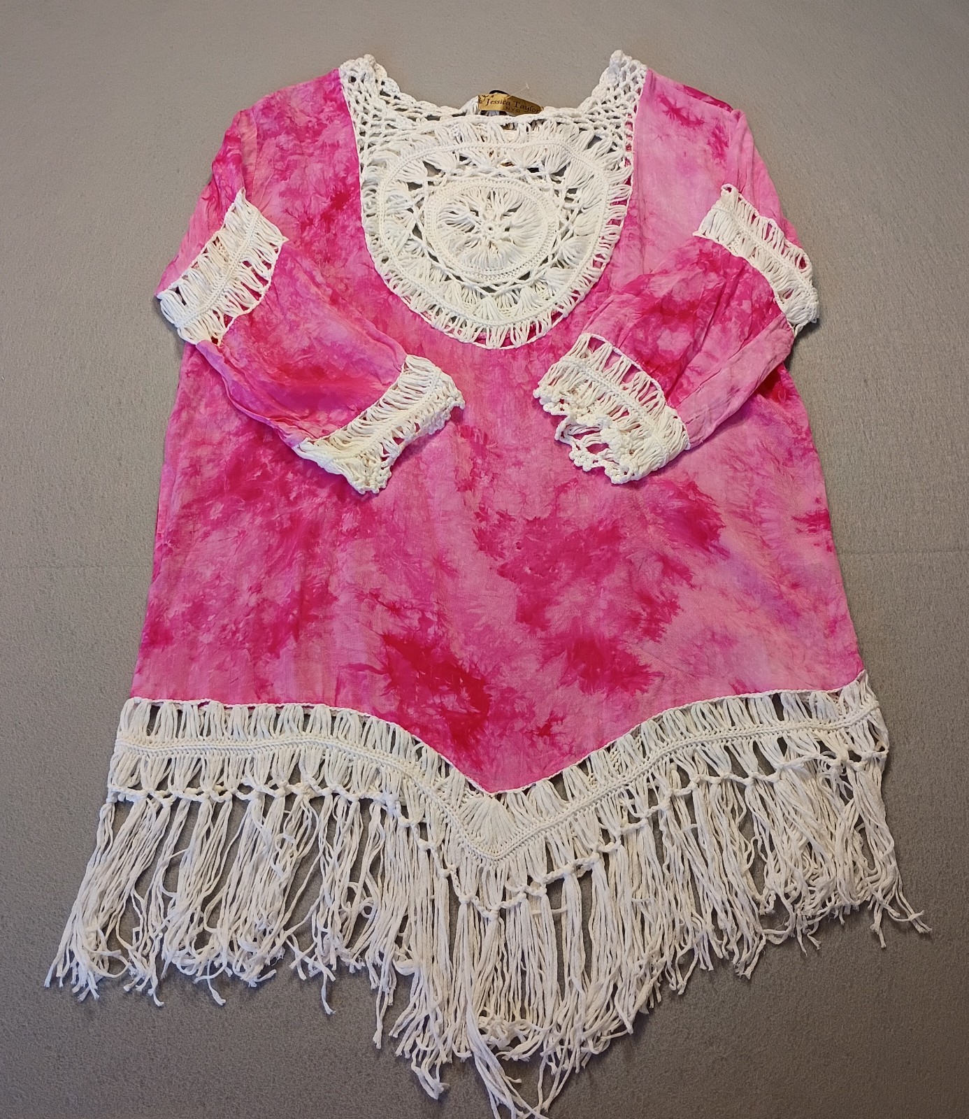 Jessica Taylor Bohemian Pink White Tie-Dye Cover Up Dress One Size Crocheted