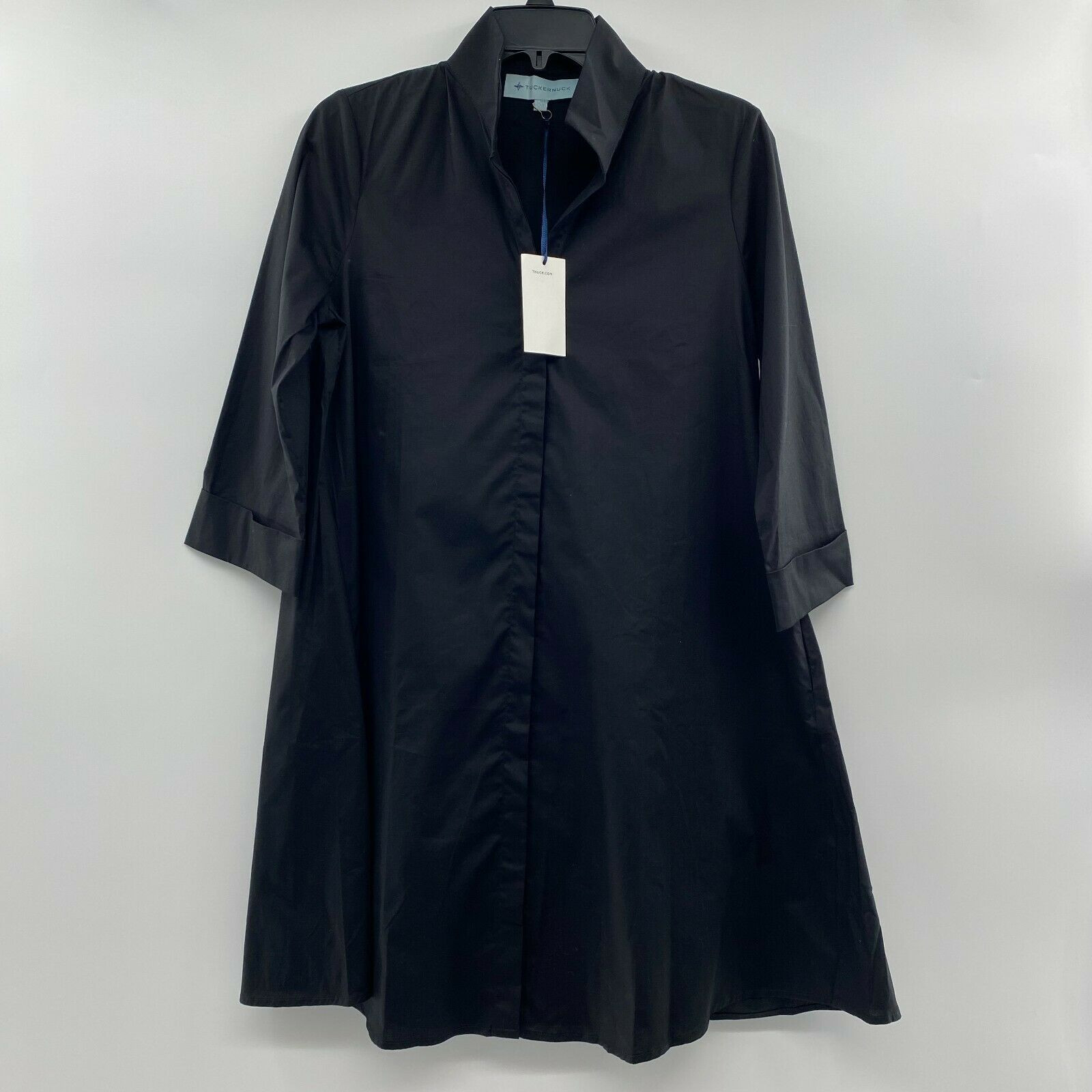 Tuckernuck Women’s Black Charlie Shirt Dress Stand Collar Cotton Poplin sz XS