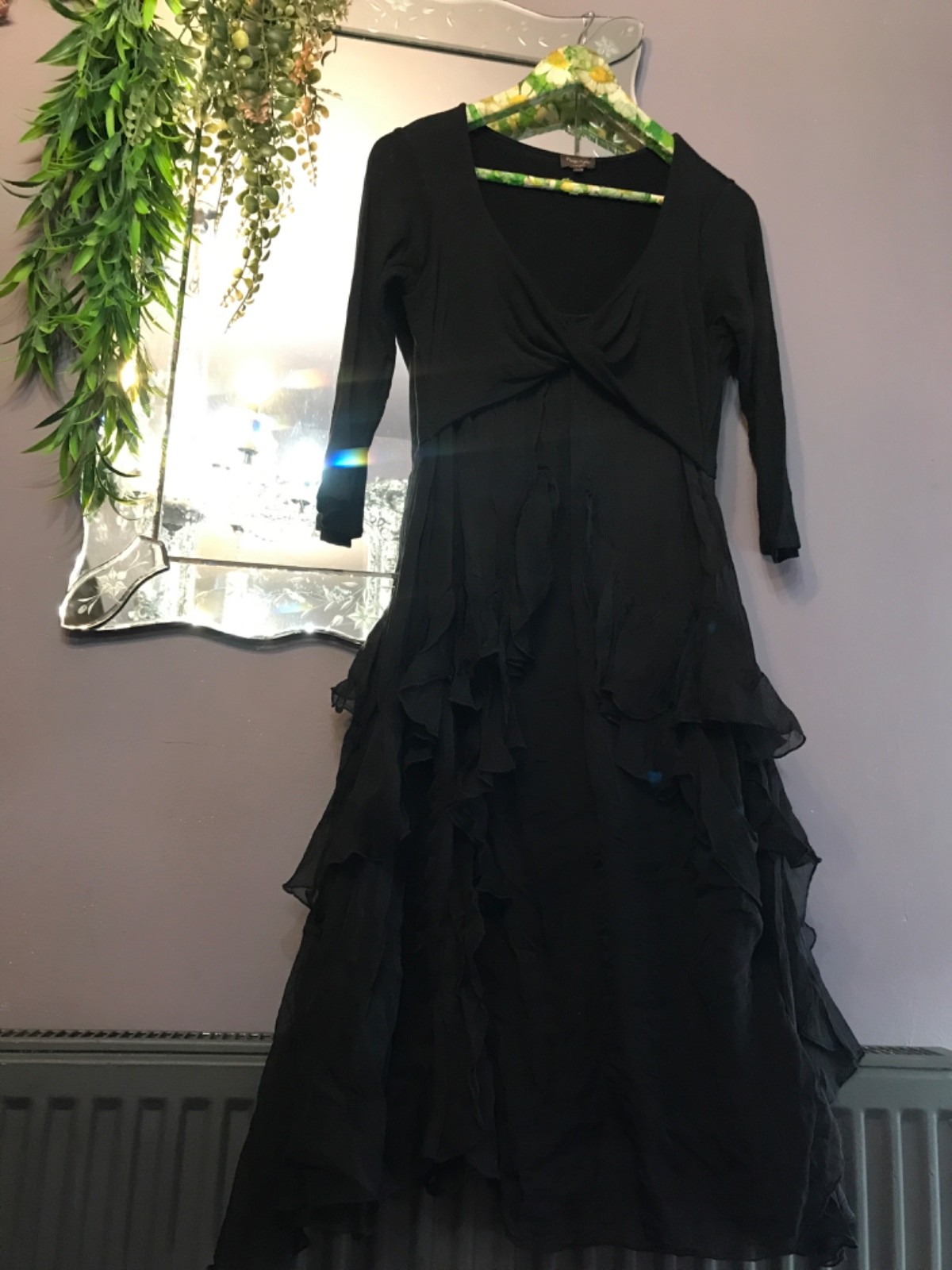 Phase eigh 10-12 black long sleeve dress frilled from waist chest 34 inches