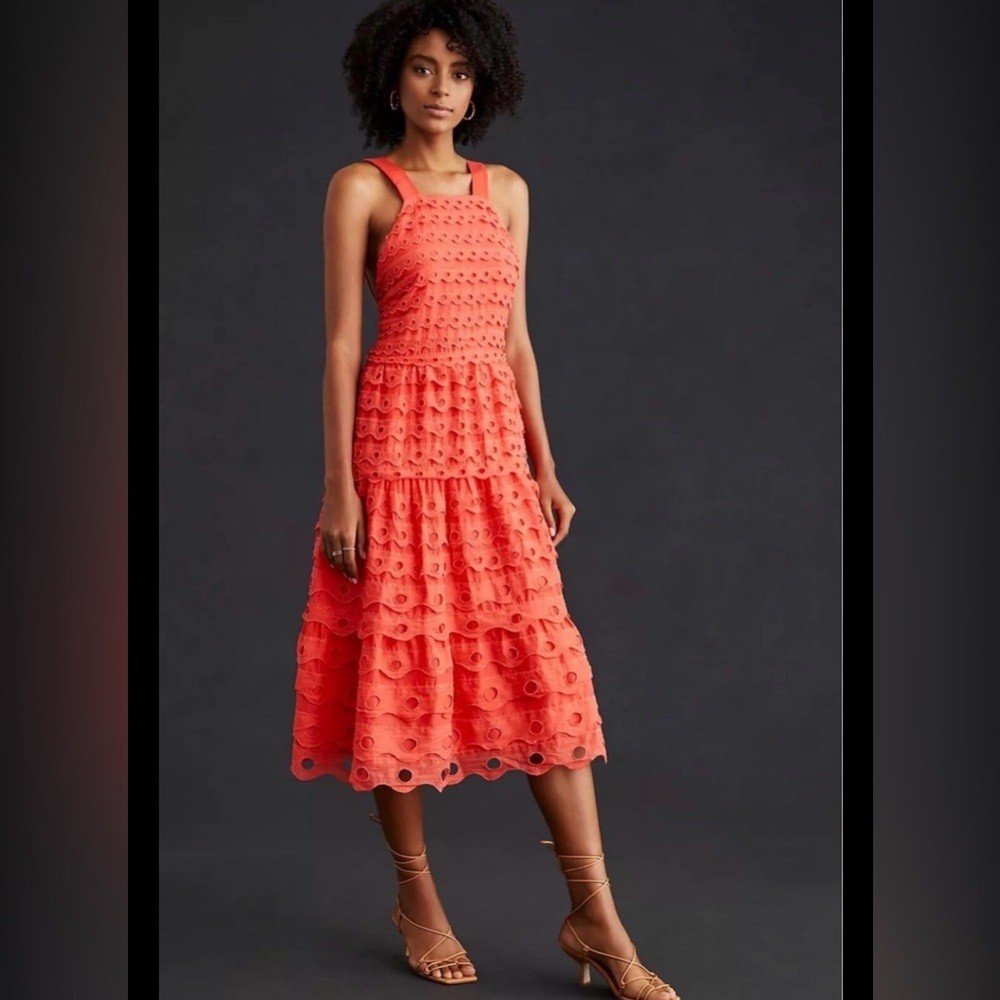 Anthropologie Maeve NWT 100% Cotton Coral Red High Neck Ruffle Dress Sz 2