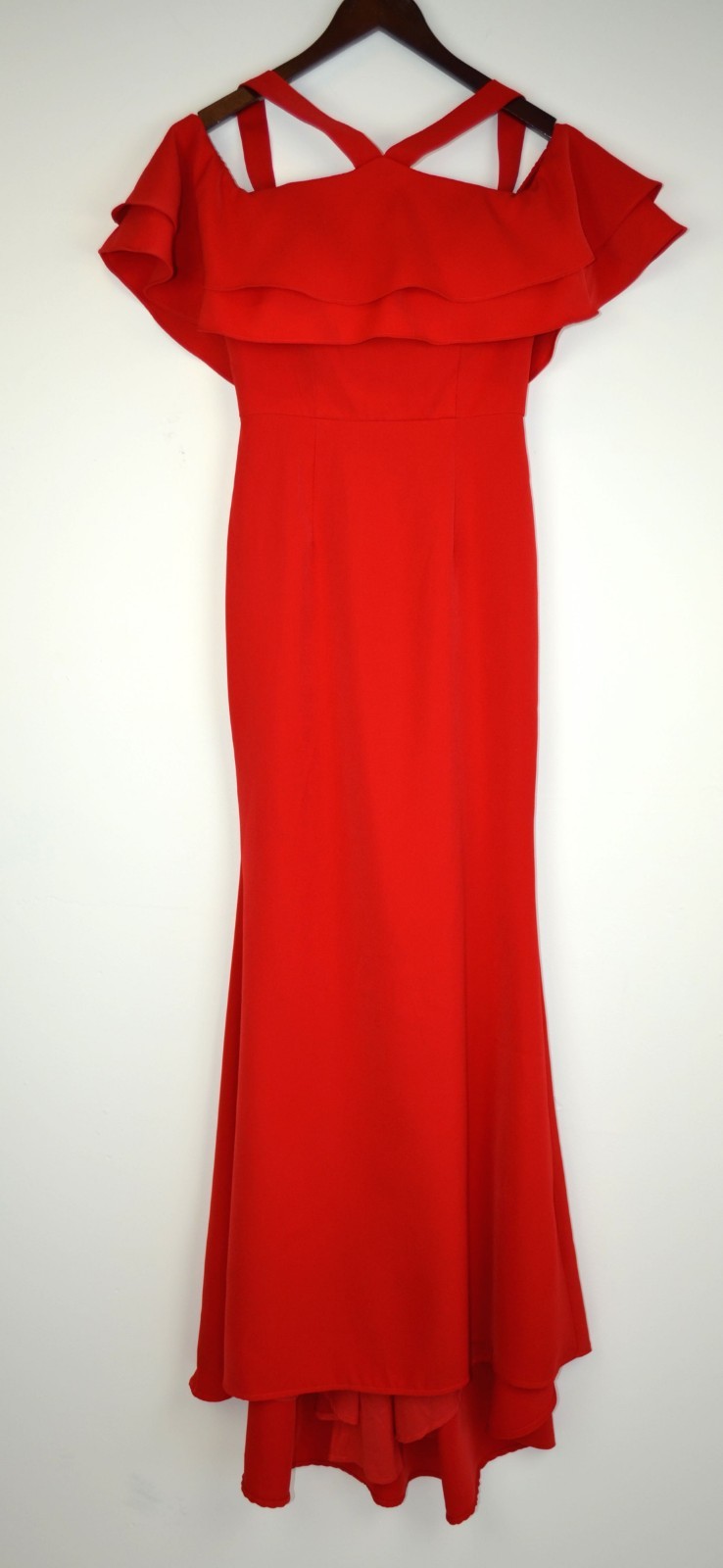 JARLO Red Ruffle Drape Overlay Halter Cold Shoulder Stretch Maxi Gown 2 = XS NEW