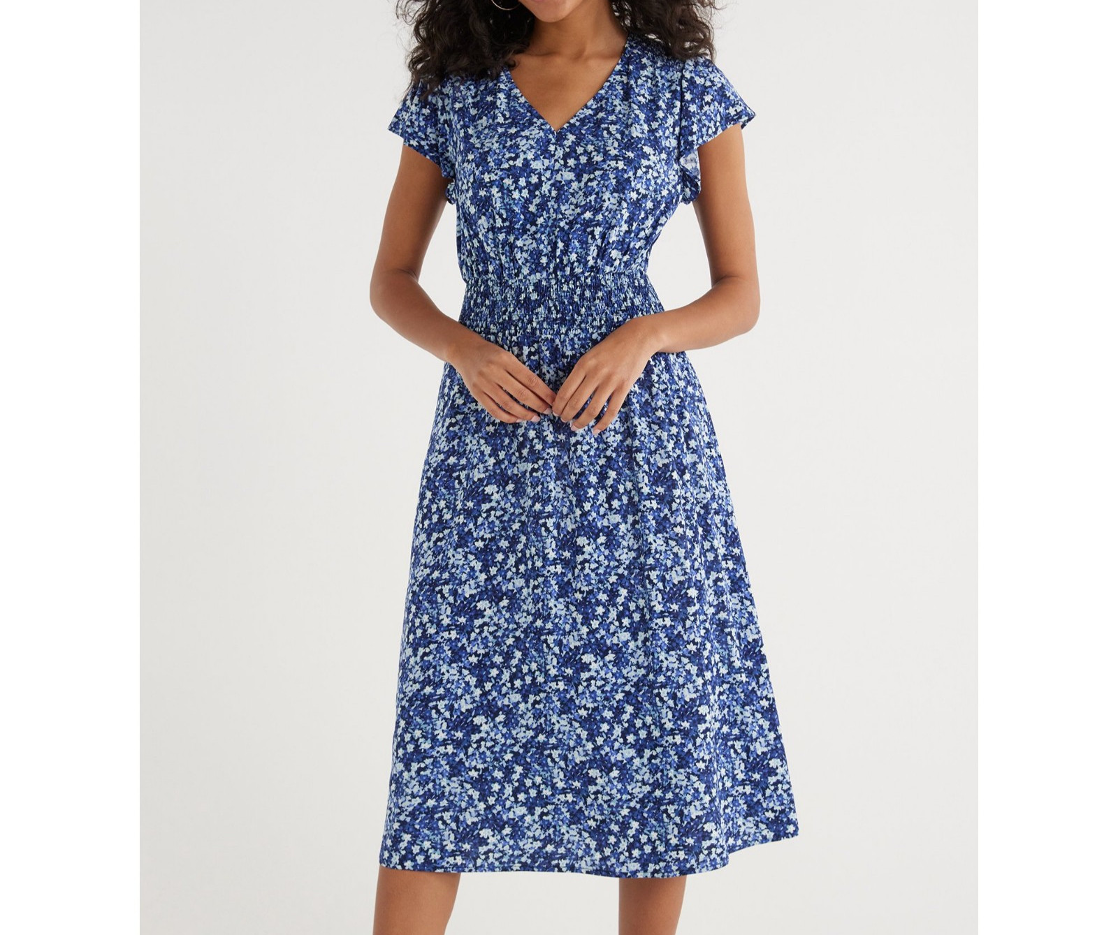 Pretty Navy Ditsy Dress M Smock Waist Rayon Blue Floral Summer Midi Cottagecore