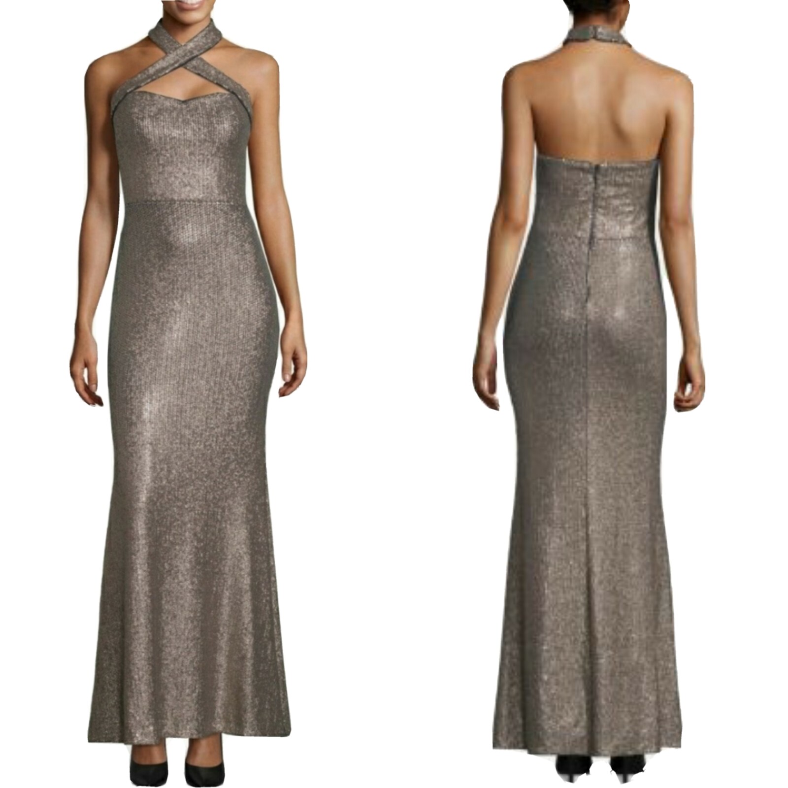 Xscape allower sequin glitter crisscross halter gown maxi dress size 4 brown NWT