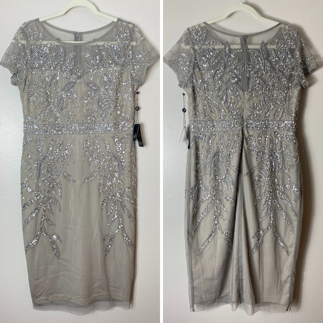 ADRIANNA PAPELL DRESS 14 SILVER SEQUIN BEADED WEDDING GUEST COCKTAIL PARTY SHORT