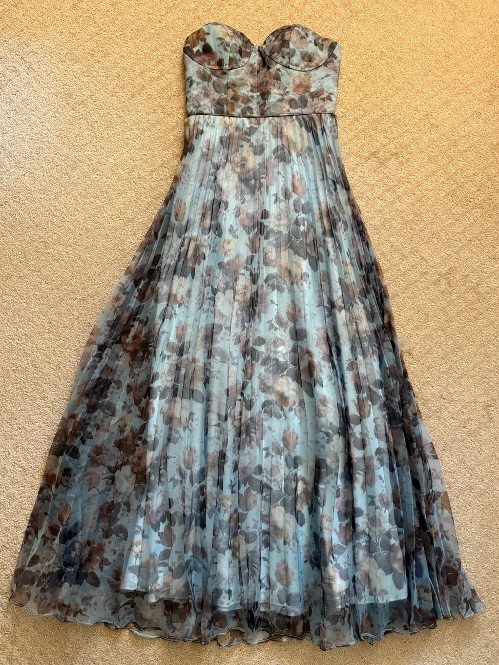 Lulu’s Strapless Blue Floral Pleated Organza Gown Most Beautiful Day Maxi Dress