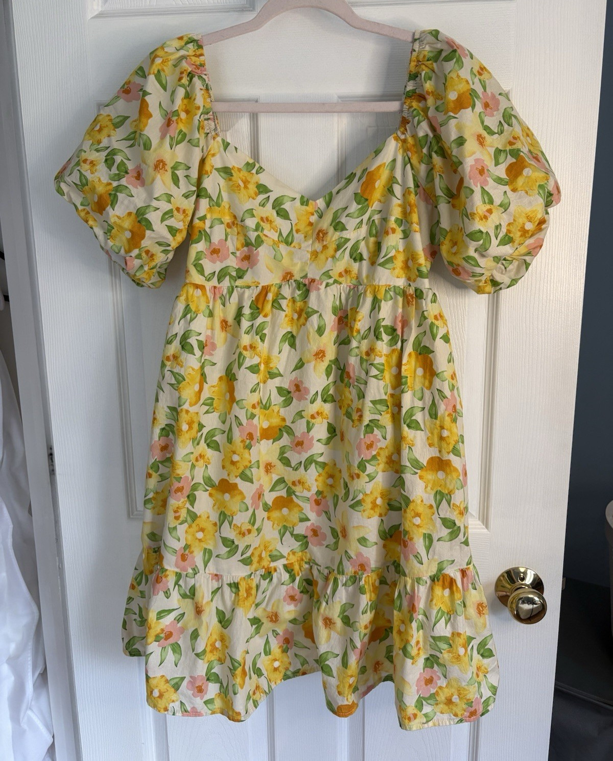 &merci Floral Mini Dress L Cream Yellow Green Pink V-Neck Smocked Puff Sleeve