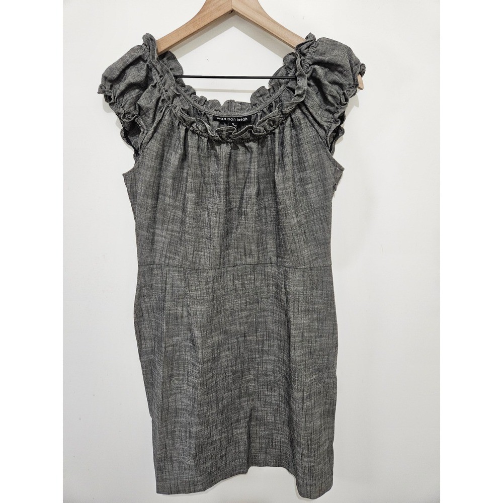 Madison Leigh Grey Ruffle Neck Cap Sleeve Sheath Dress Size 12 Heathered Grey