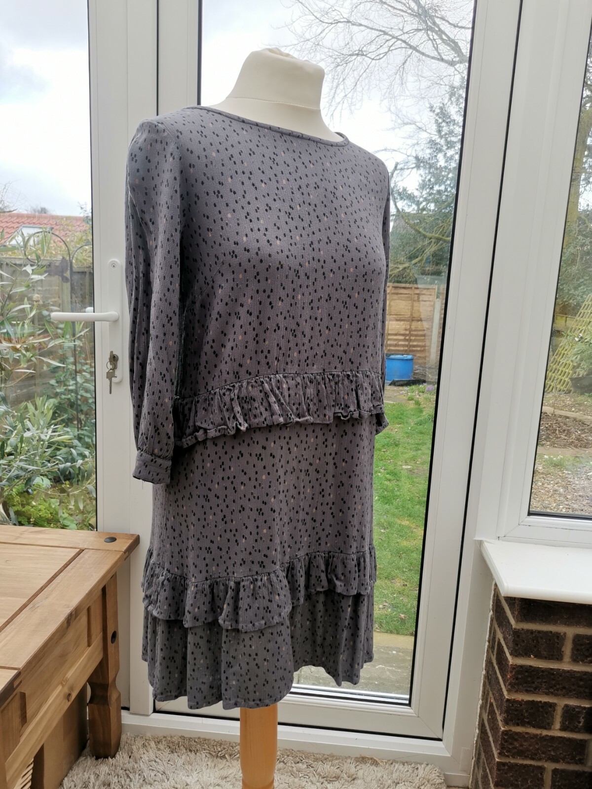 FatFace Copper And Black Grey Spot Ruffle Smock Dress Size 10