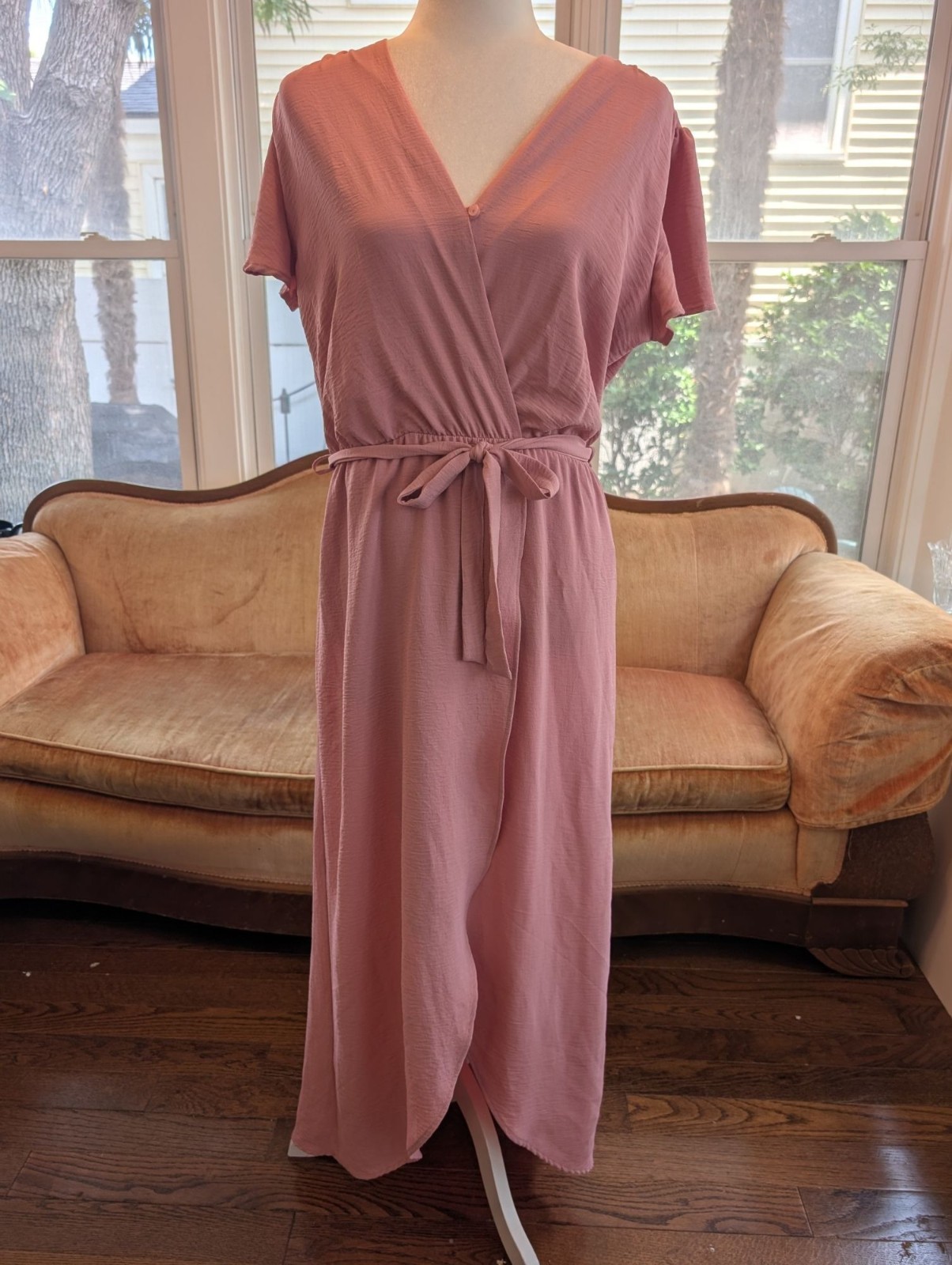 NWT Dusty Rose Maxi Dress Fraiche by J Size L Faux Wrap Style Loose Lightweight
