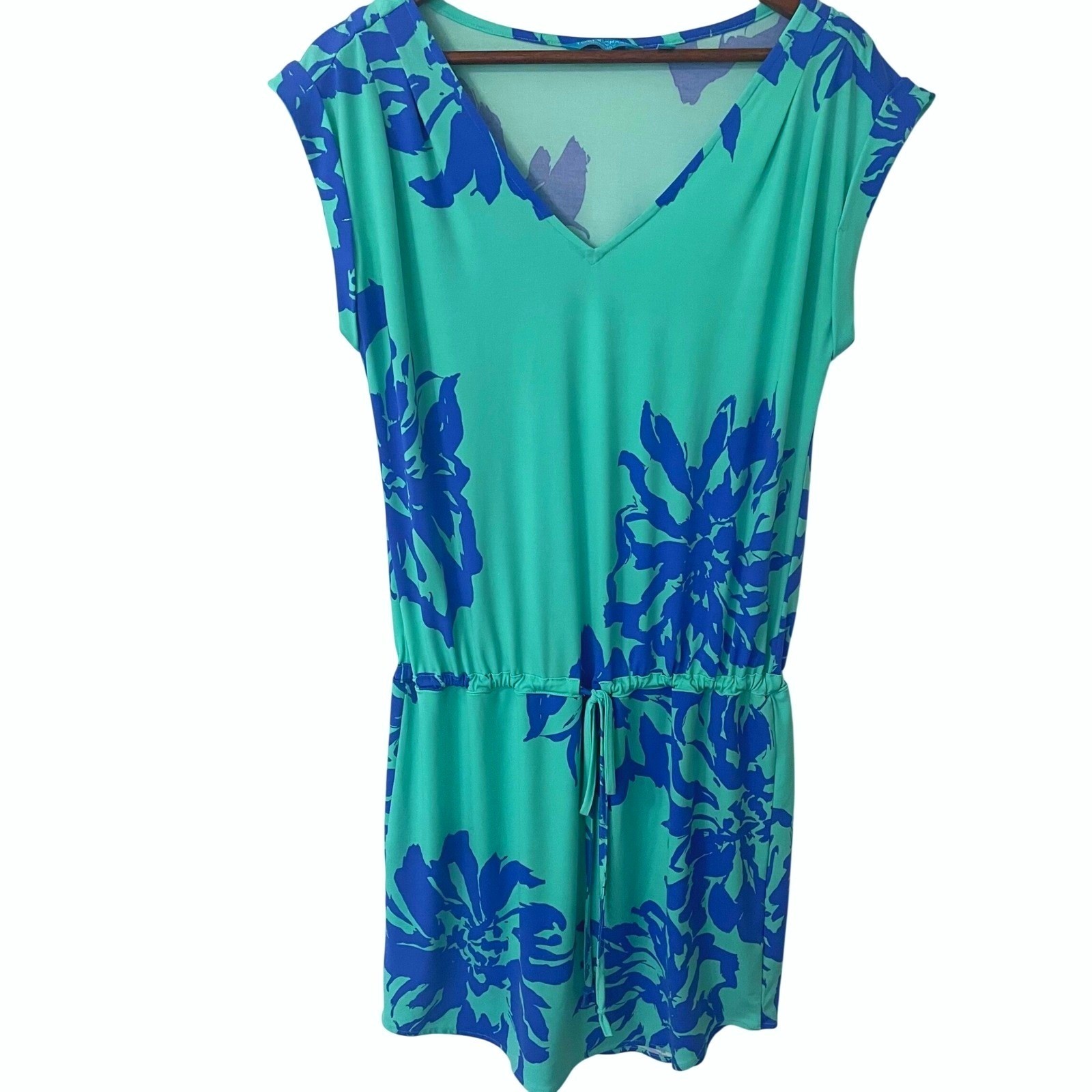 Tori Richard Honolulu Floral V-Neck Drawstring Waist Dress Teal Blue Small Beach