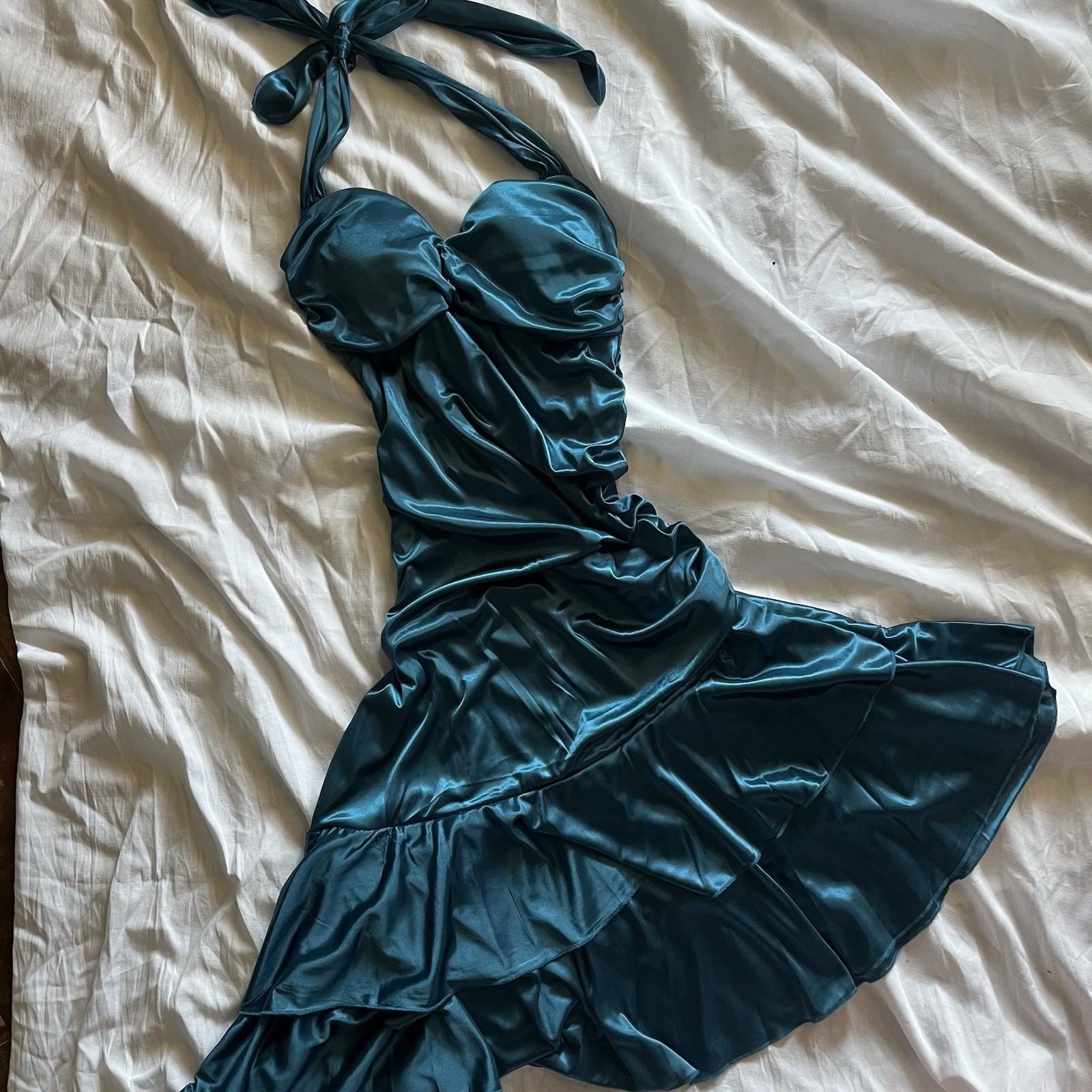 Y2K My Michelle Teal Satin Halter Ruffle Party Dress Size M Fairy Mermaid