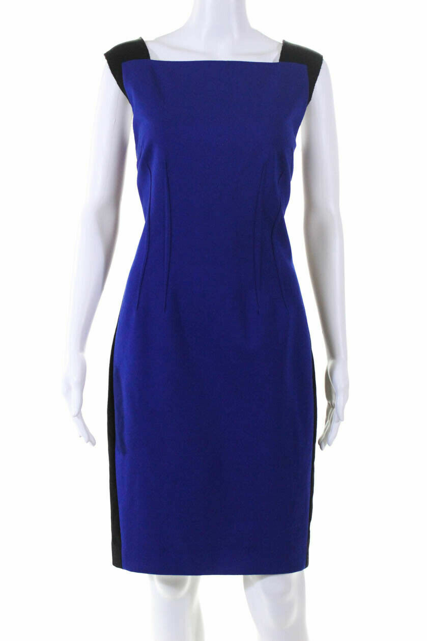 Tahari 12 Dress Black Cobalt Blue Square Neck Sleeveless Zipper Sheath Torrence