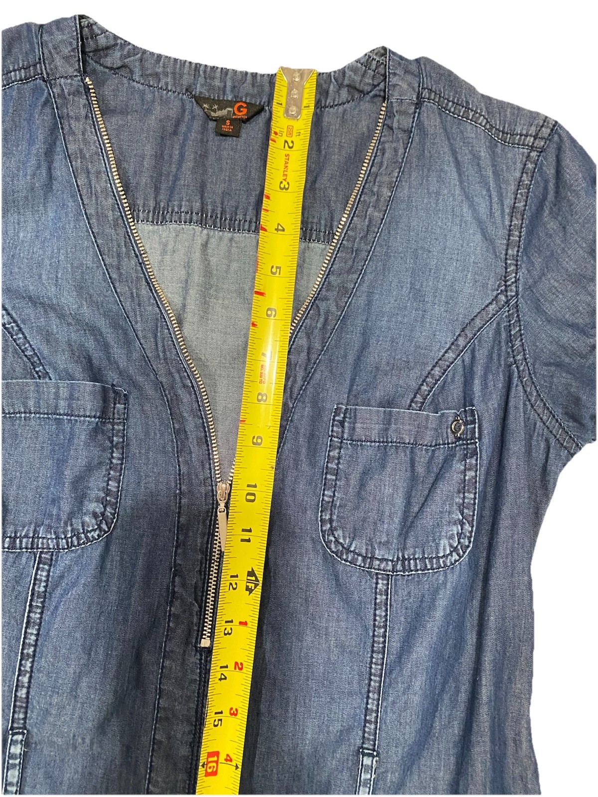 G By Guess Lightweight Chambray Denim 1/4 Zip Short Sleeve Dress Roll Sleeves