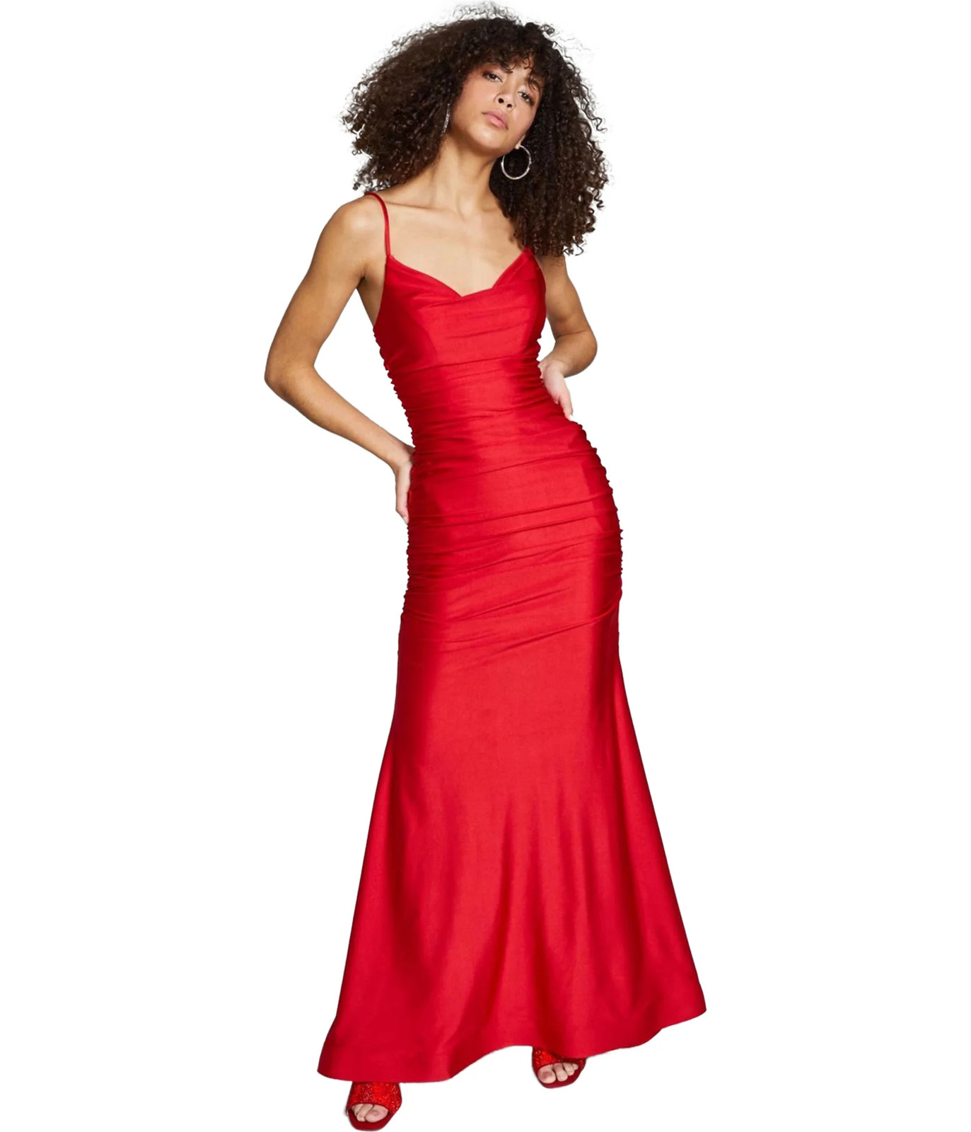 B. DARLIN Womens Satin Ruched Evening Gown Dress, red, Juniors, 15/16