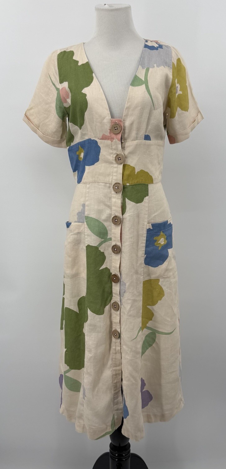 Cala De La Cruz Jardin Linen Dress Sz S Floral Midi Button Front Pockets