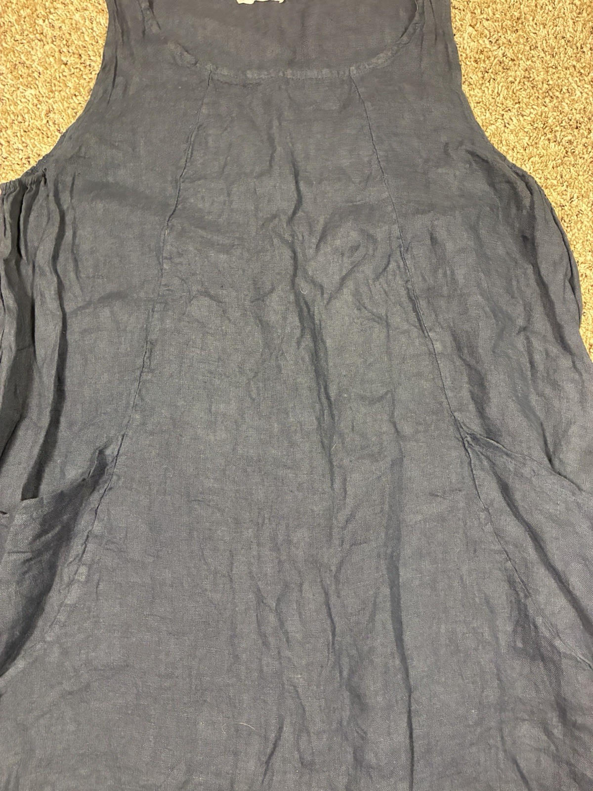 100% Lino Linen Lagenlook Sleeveless Midi Dress Navy Blue Pockets Sz 36 US 8