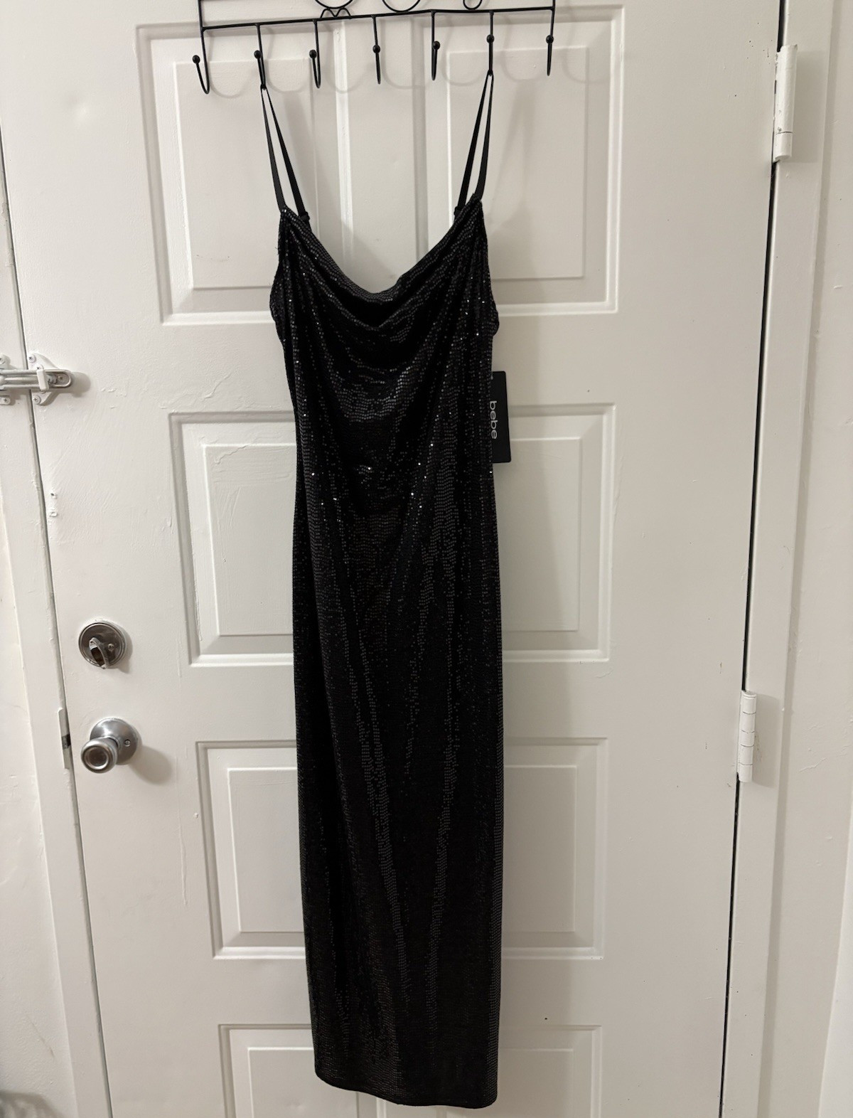 bebe Black Sequin Mesh Cowl Neck Strappy Maxi Dress Party/Formal M