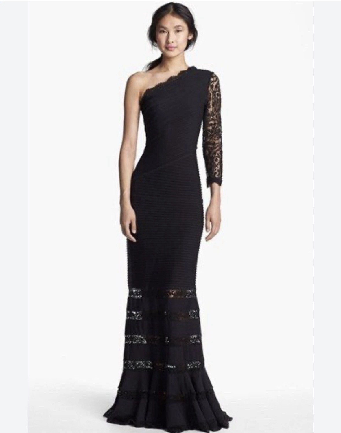 TADASHI SHOJI Black One Shoulder Long Sleeve Lace Pintuck Jersey Mermaid Large
