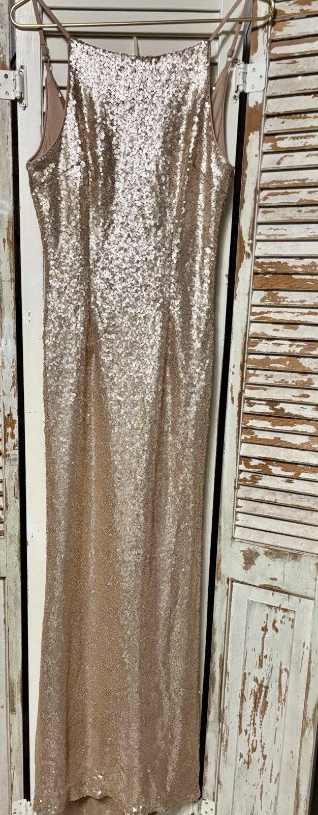 Lulu’s Rose Gold Sequin Sleeveless Open Back High Neck Formal Maxi Gown S