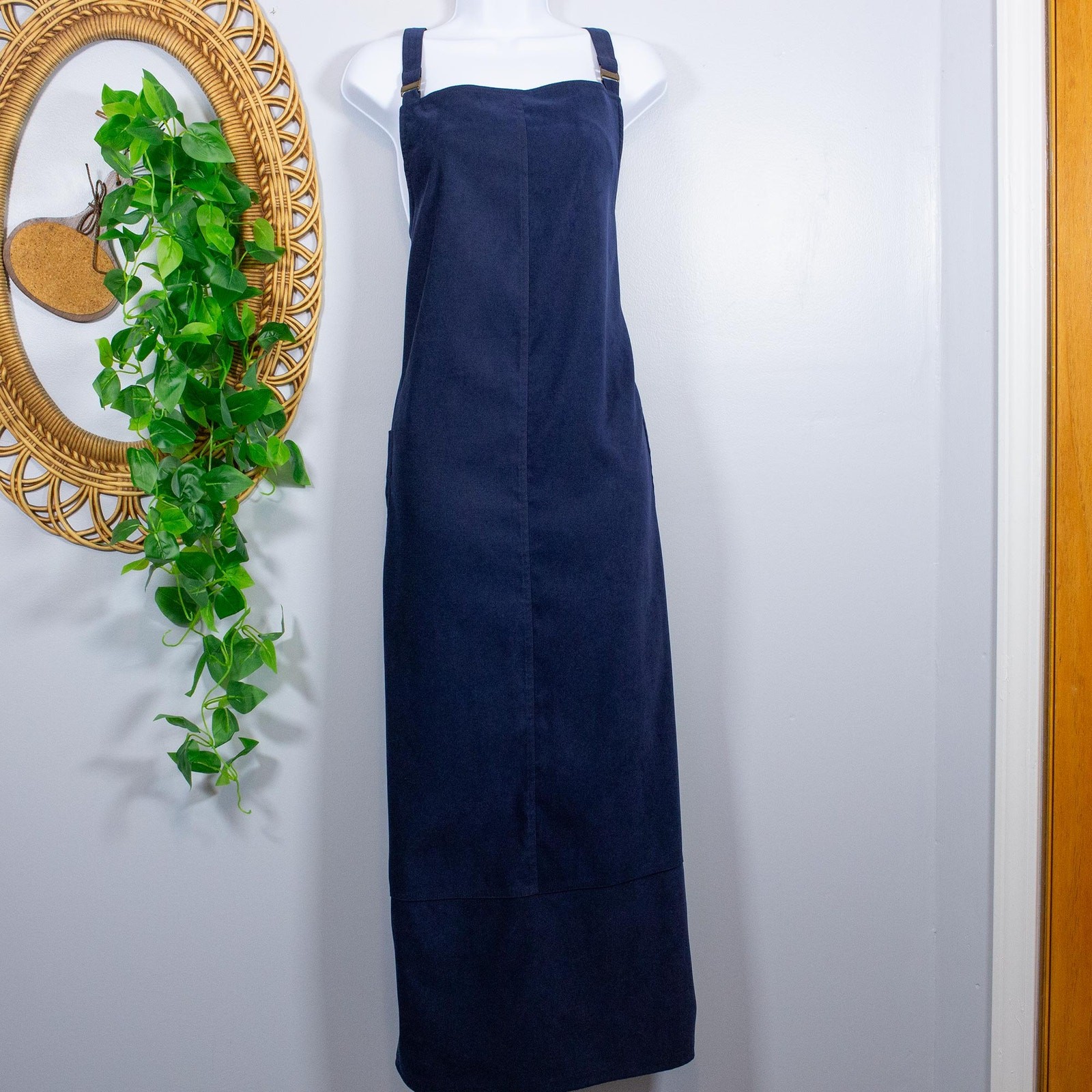 VTG 90s Navy Utility Pinafore Maxi Dress Workwear Pockets Boxy | Dark Autumn
