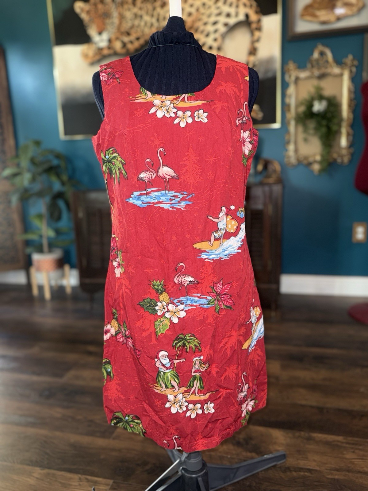 Hawaii Hangover Dress Medium Red Sleeveless Hula Girl Surfing Christmas Santa