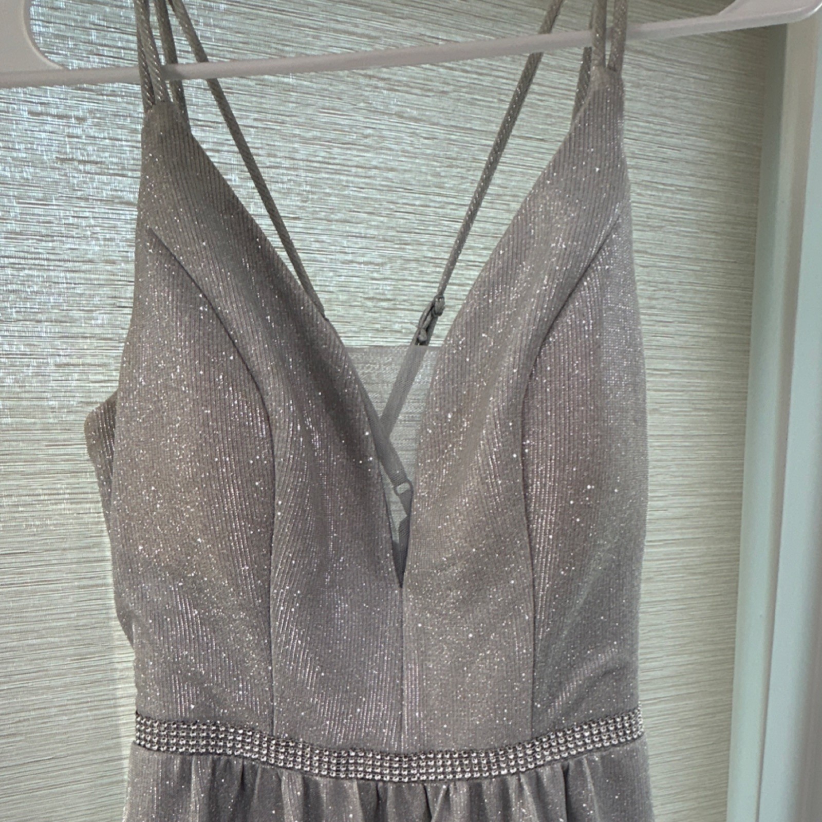 Crystal Doll Silver Satin Glitter Beaded Strappy Long Gown Dress Size 5 V-Neck
