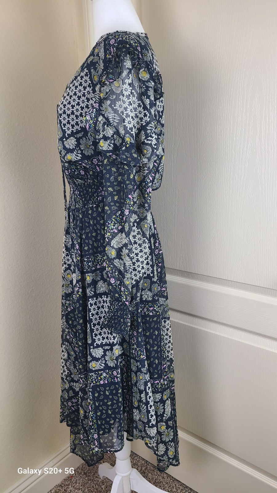 Sam Edelman Ruffle Handkerchief Midi Dress Mixed Patchwork Smoked Waist Size 10