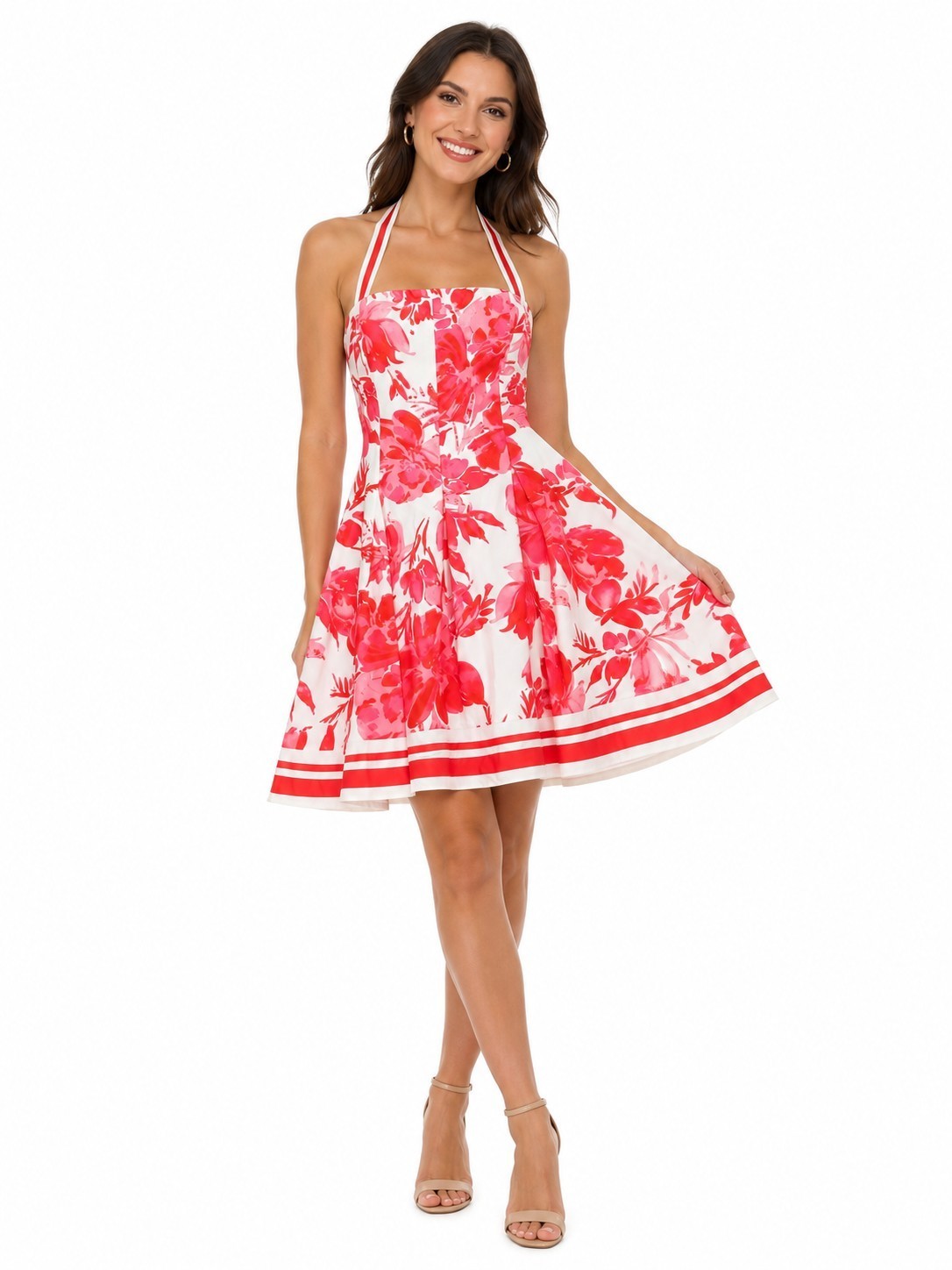All About May Floral Halter Fit & Flare Dress Pink White Sz 10 Bold Floral