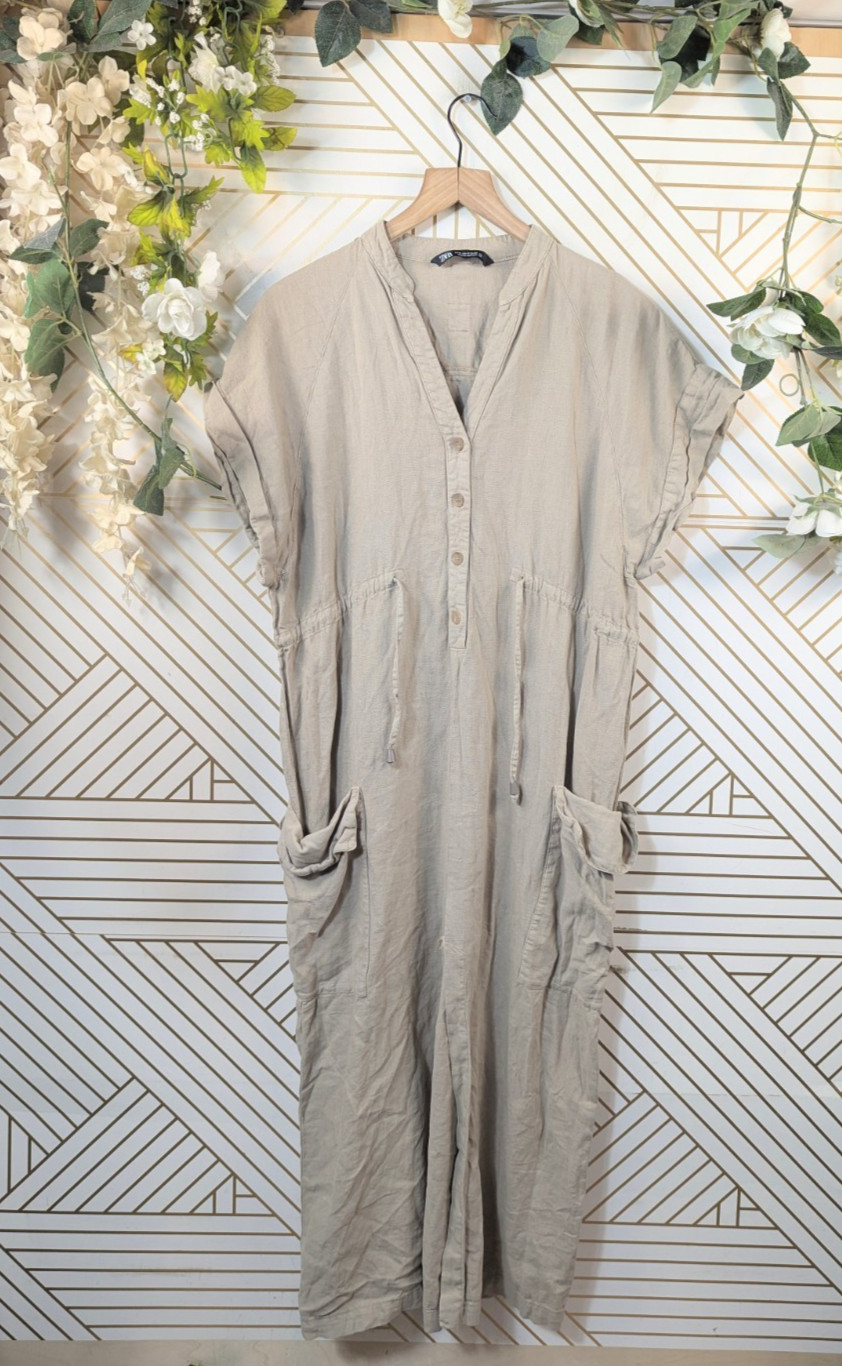 ZARA Women’s ECRU SAND MIDI DRESS DRAWSTRING SIDES POCKETS Size Medium