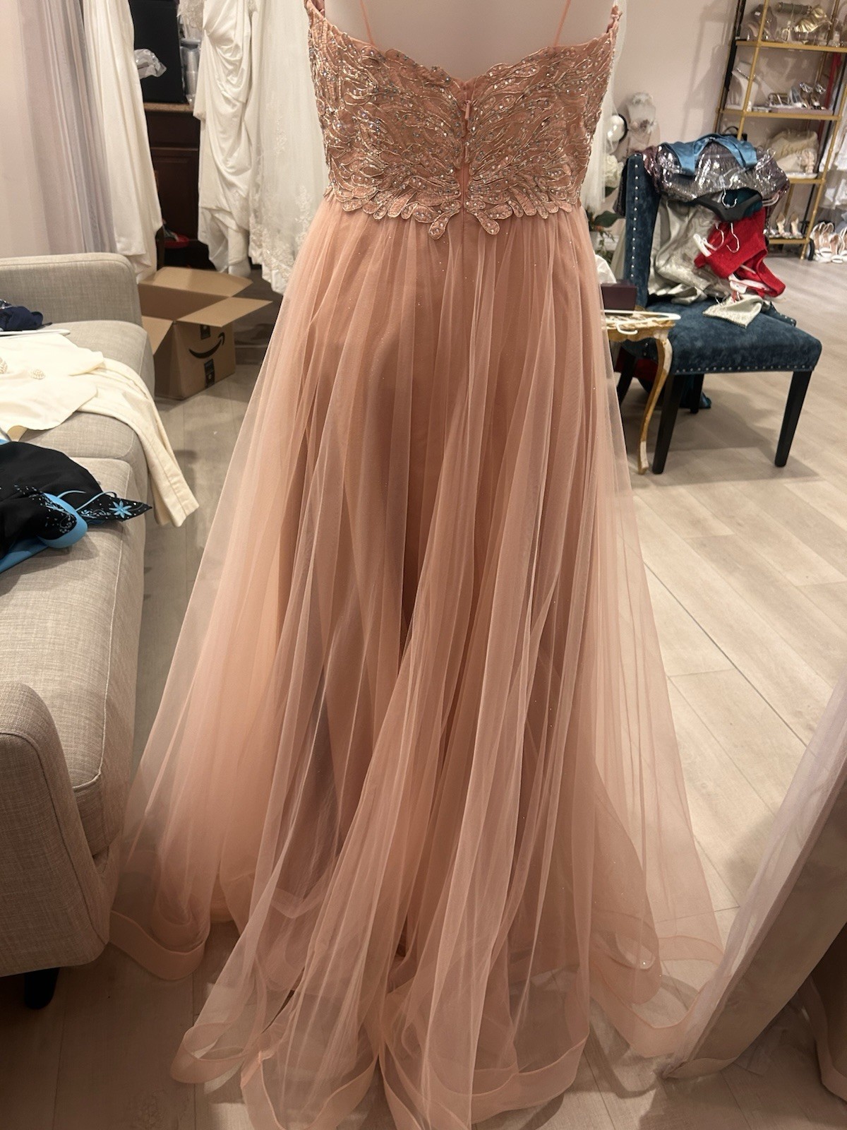 Cinderella Divine Blush Tulle Beaded Sequin Ball Gown V-Neck Zip, Size 6